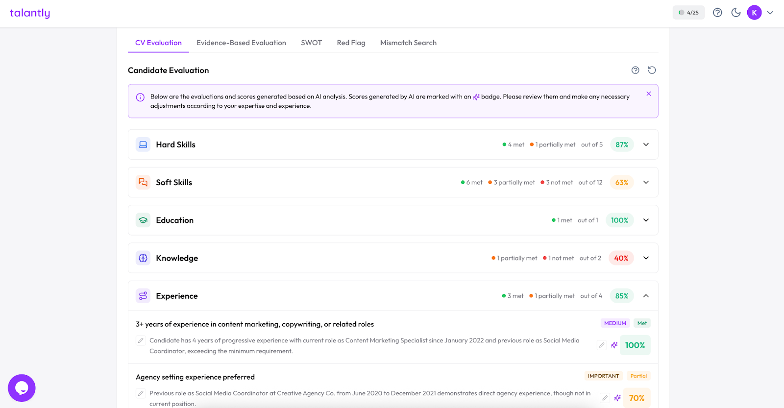 CV evaluation report for candidate screening in Talantly.ai 